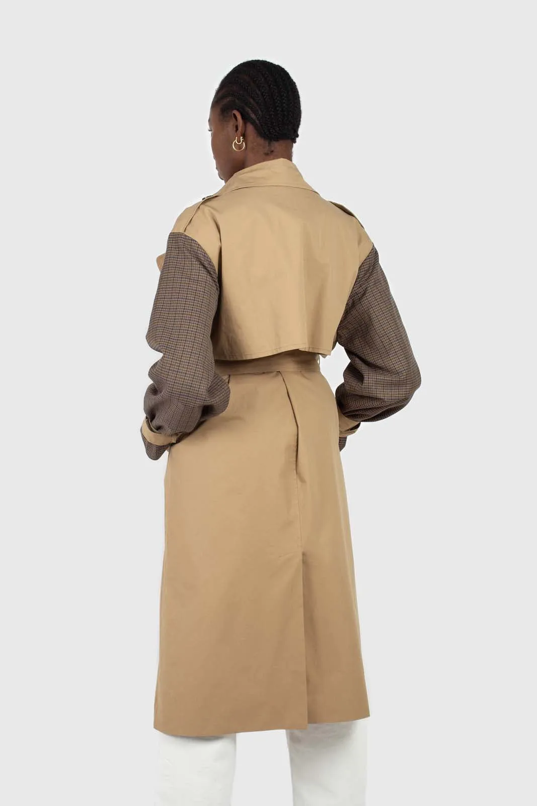 Beige and brown checked sleeve trench coat