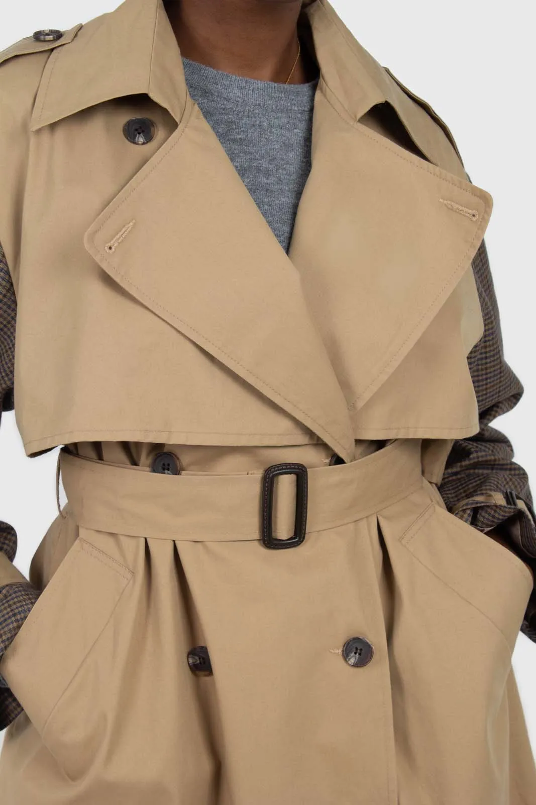 Beige and brown checked sleeve trench coat
