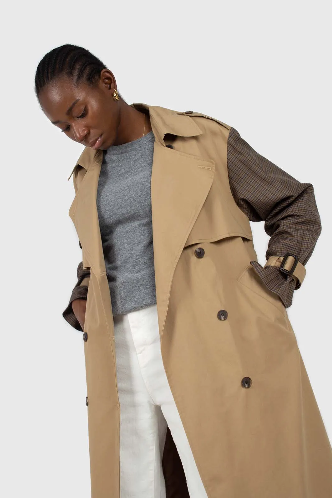 Beige and brown checked sleeve trench coat