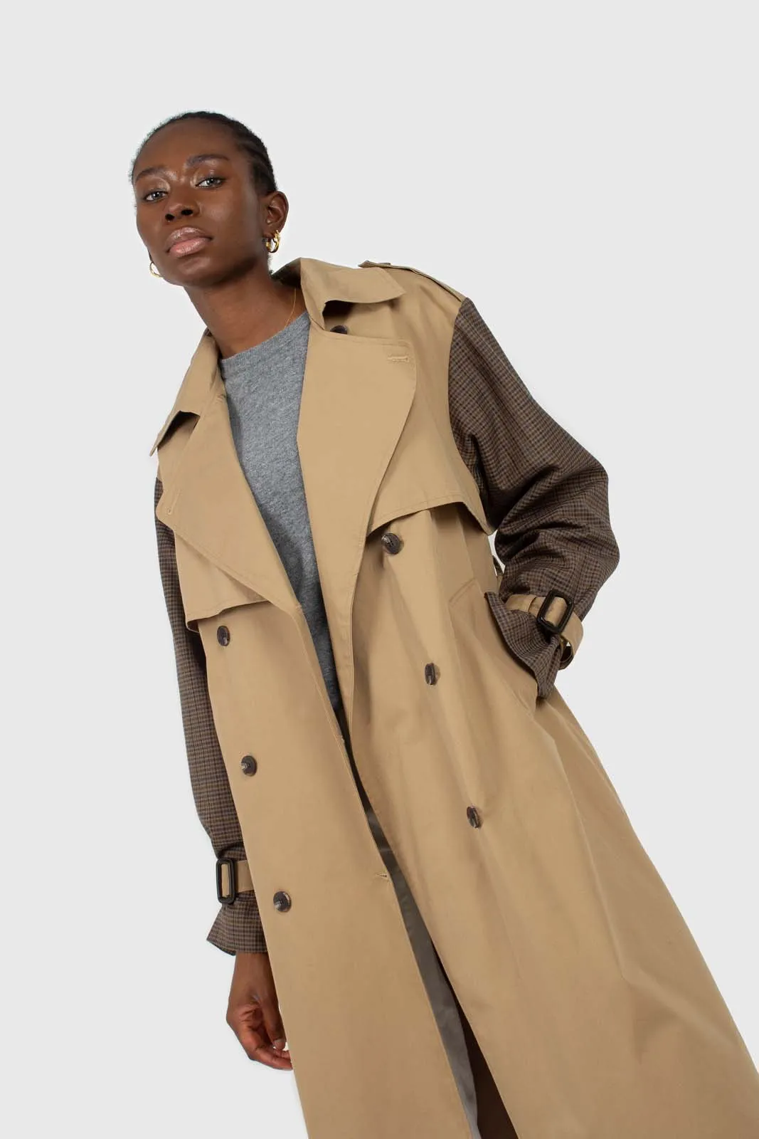Beige and brown checked sleeve trench coat
