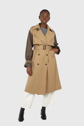Beige and brown checked sleeve trench coat