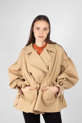 Beige double breasted half length trench coat