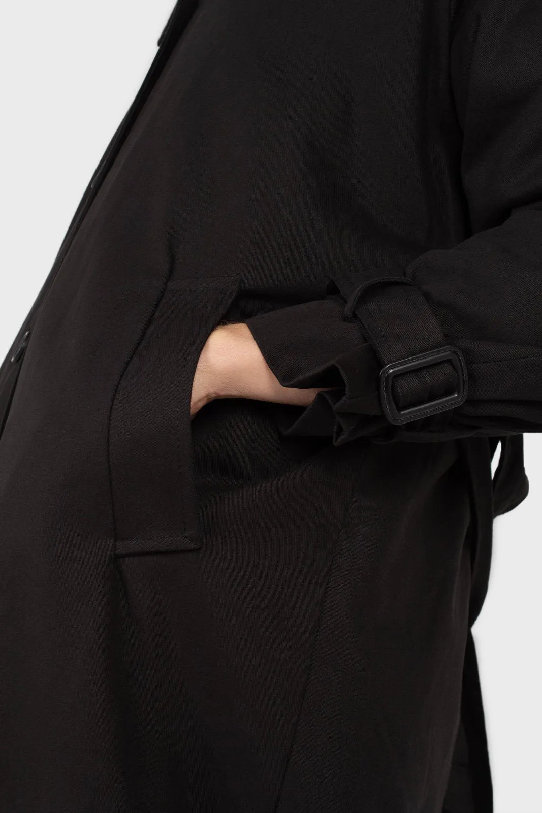 Black faux fur collar lined trench coat
