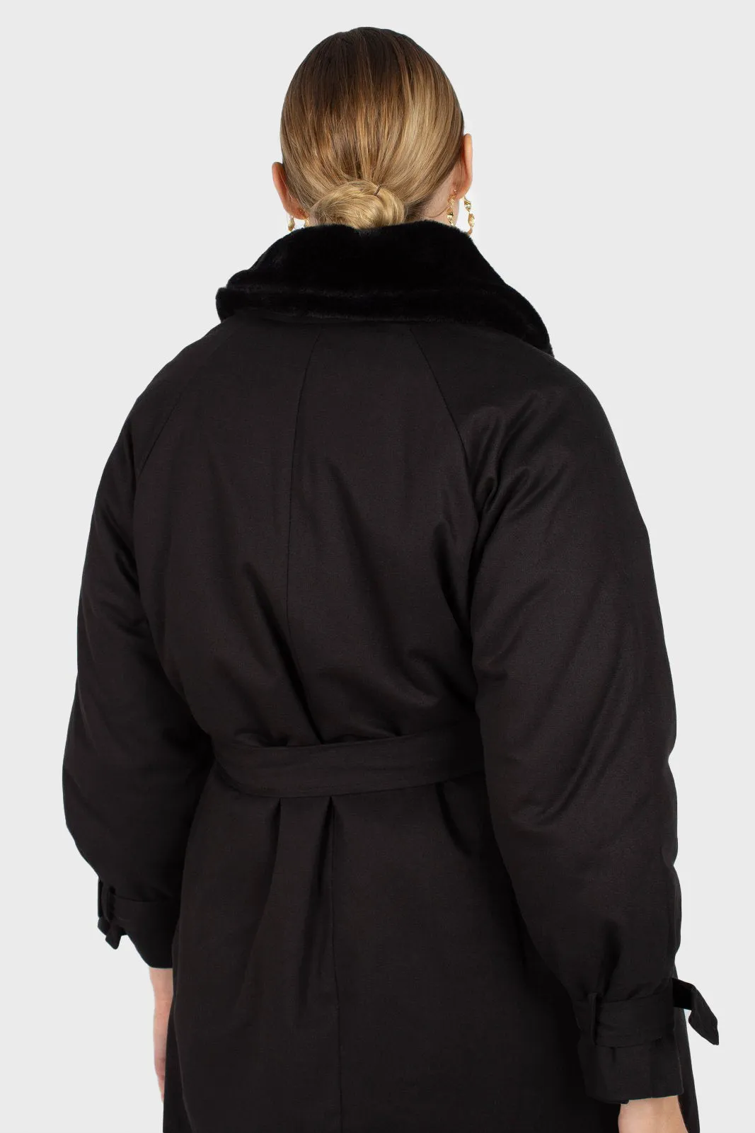 Black faux fur collar lined trench coat