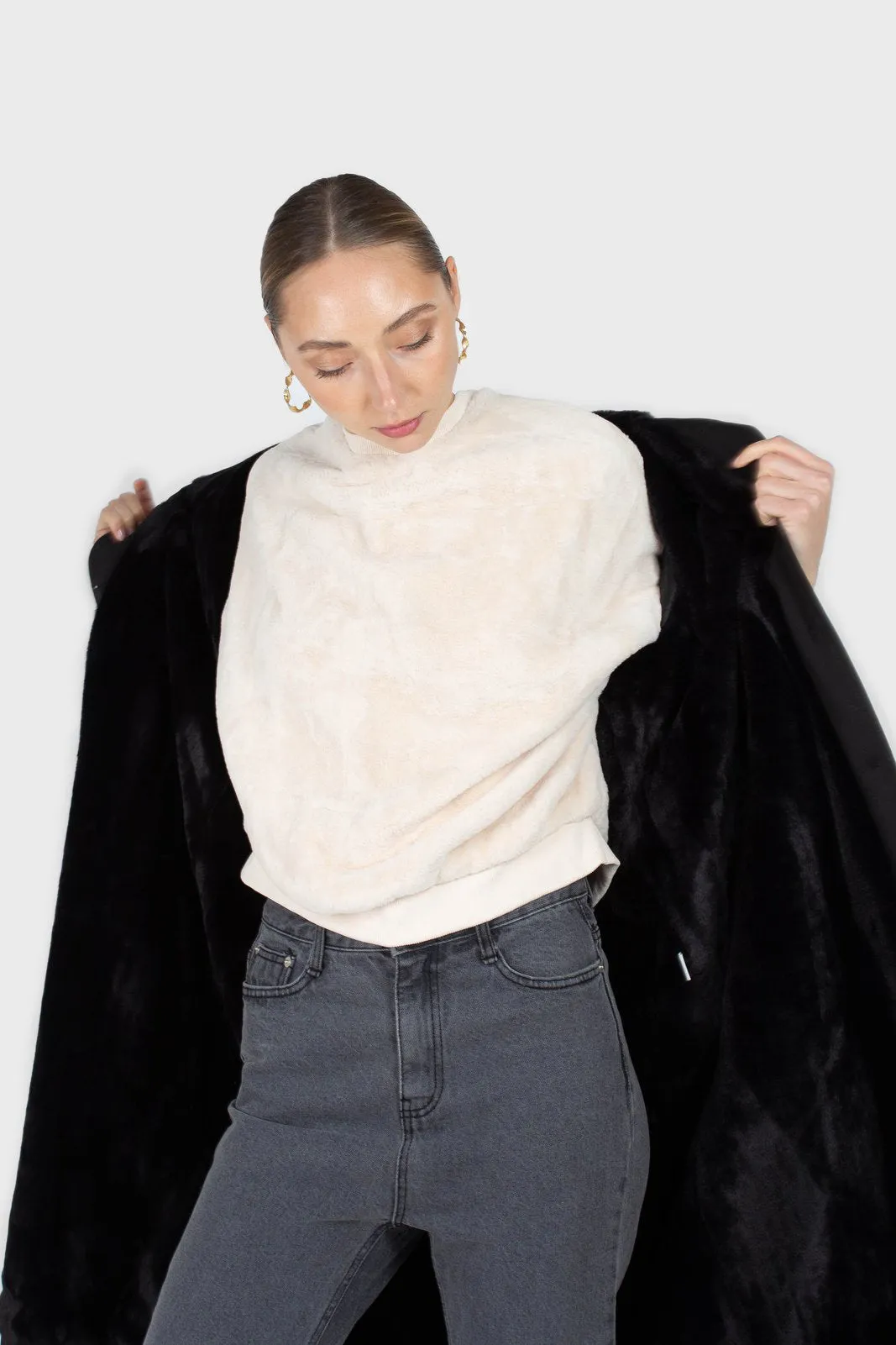 Black faux fur collar lined trench coat