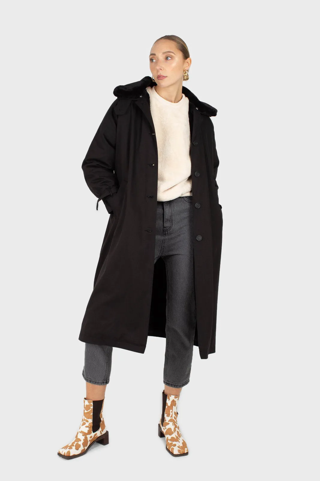 Black faux fur collar lined trench coat
