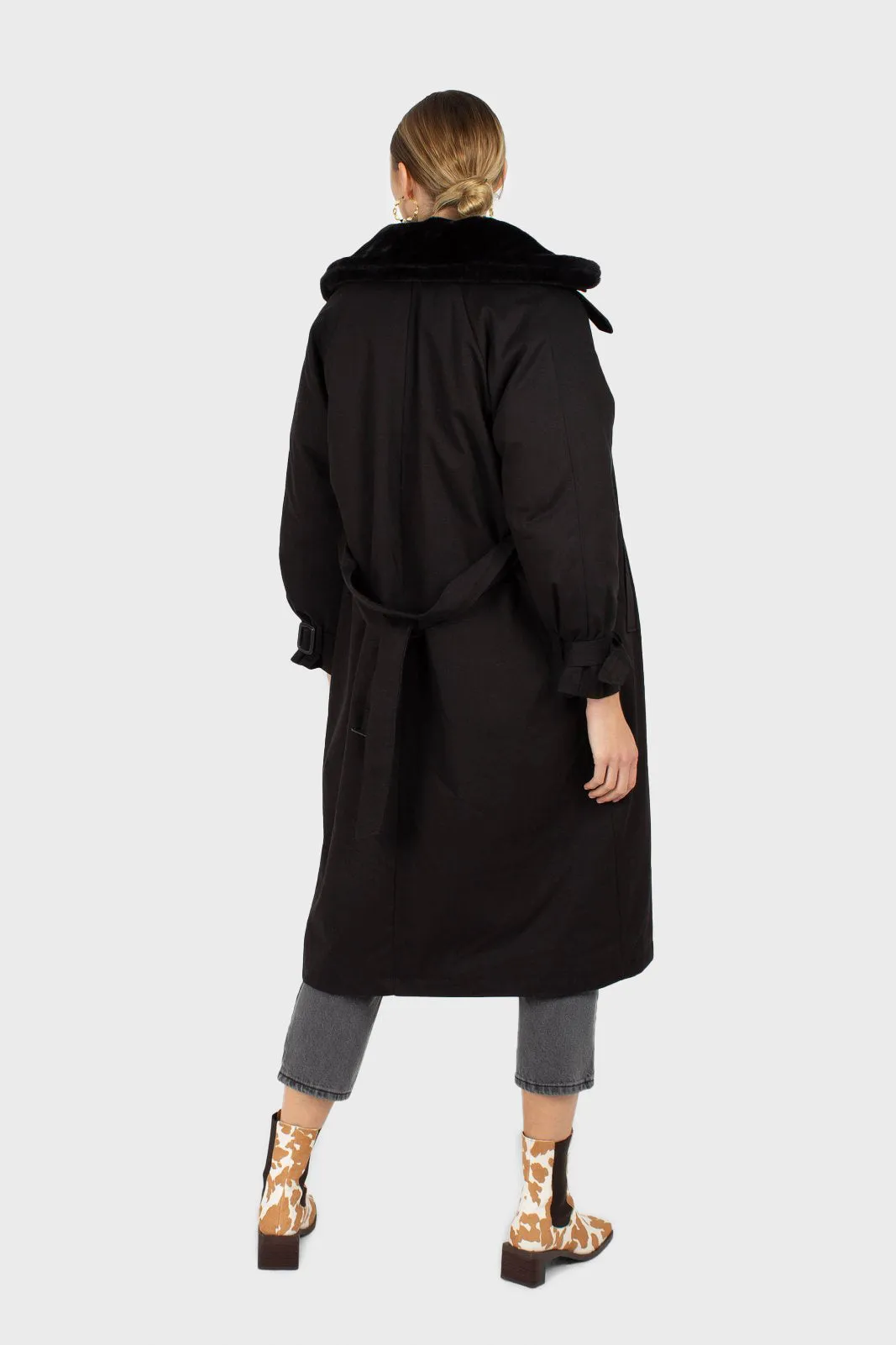 Black faux fur collar lined trench coat