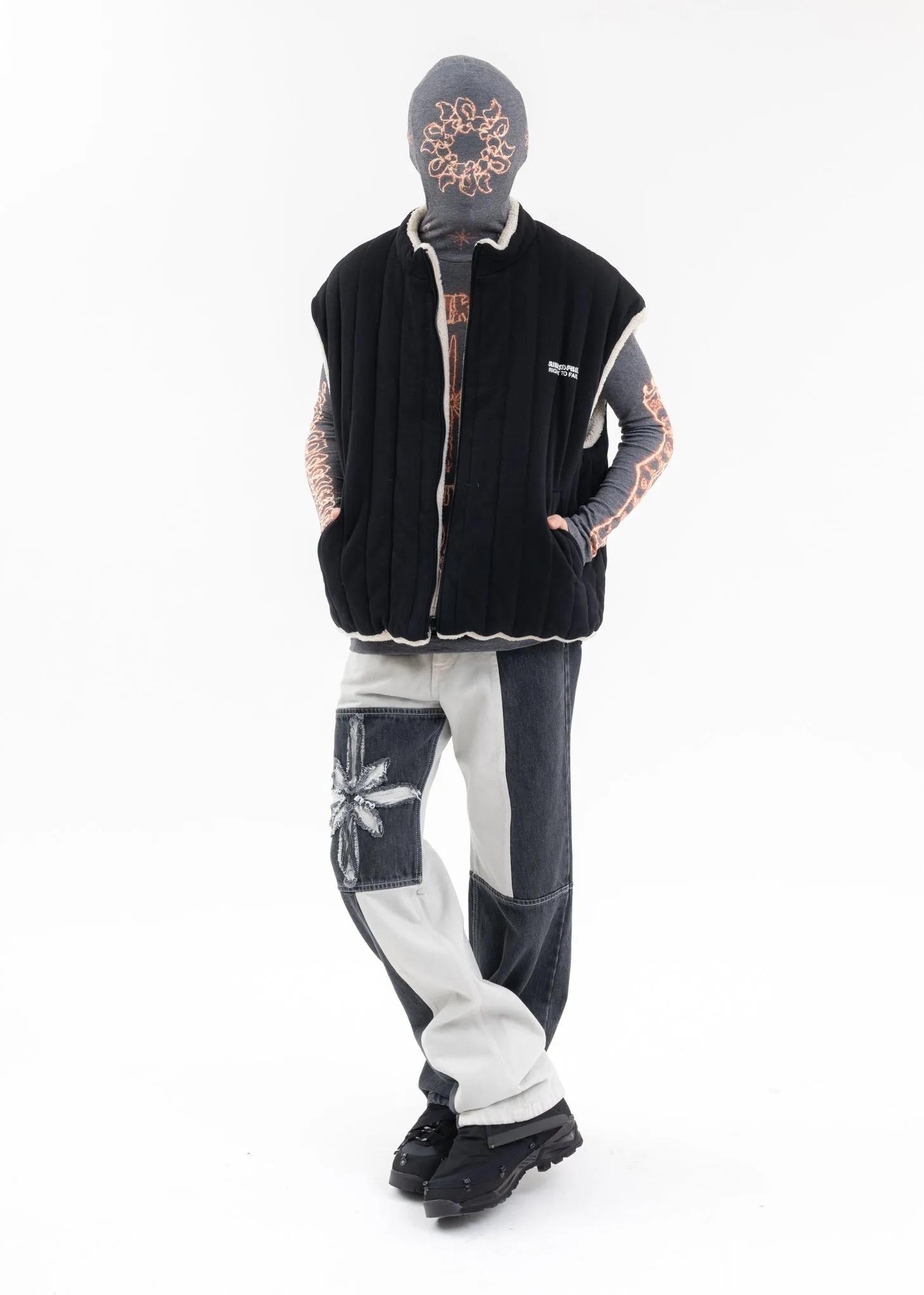 BLACK FLOWER MAN REVERSIBLE VEST PUFFER JACKET