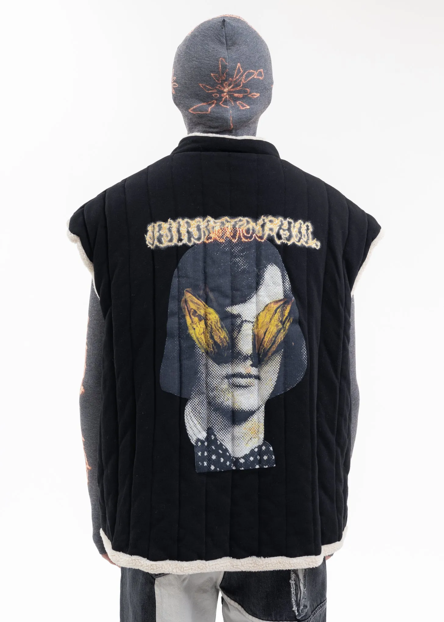 BLACK FLOWER MAN REVERSIBLE VEST PUFFER JACKET