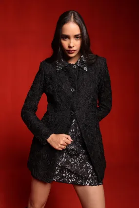 Black Textured Overlap Blazer with Skirt