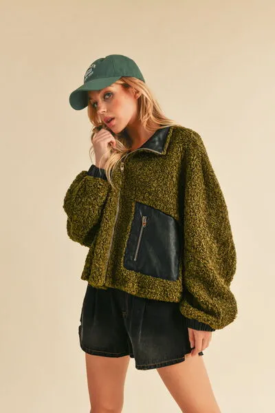 Collared Neck Zip Up Sherpa Jacket