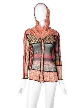Jean Paul Gaultier Vintage AW 2000 Multicolor Patchwork Mixed Print Mesh and Wool Cardigan with Attached Scarf