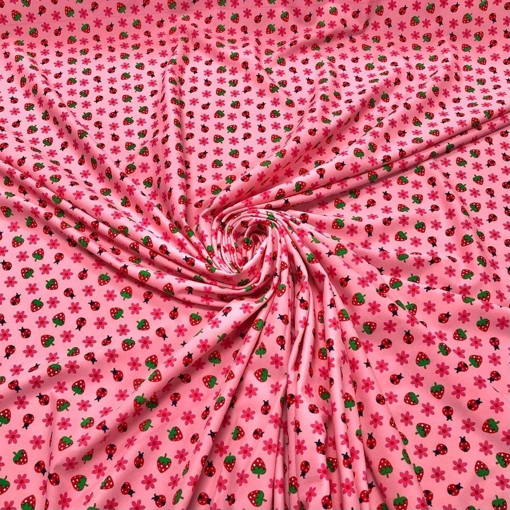 Mini Ladybirds and Strawberries on Pink Lycra Spandex Fabric 64cm PANEL