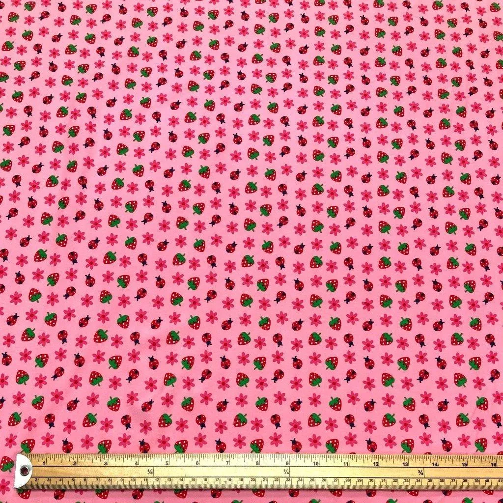 Mini Ladybirds and Strawberries on Pink Lycra Spandex Fabric 64cm PANEL
