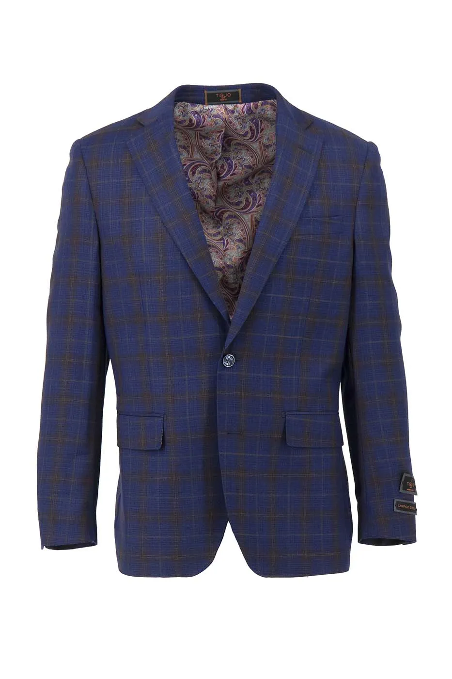 Navy with Brown Windowpane Dolcetto Modern Fit, Pure Wool Jacket by Tiglio Luxe