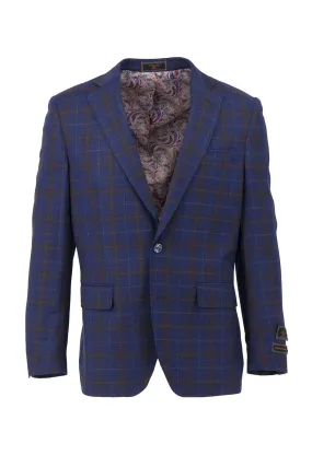 Navy with Brown Windowpane Dolcetto Modern Fit, Pure Wool Jacket by Tiglio Luxe