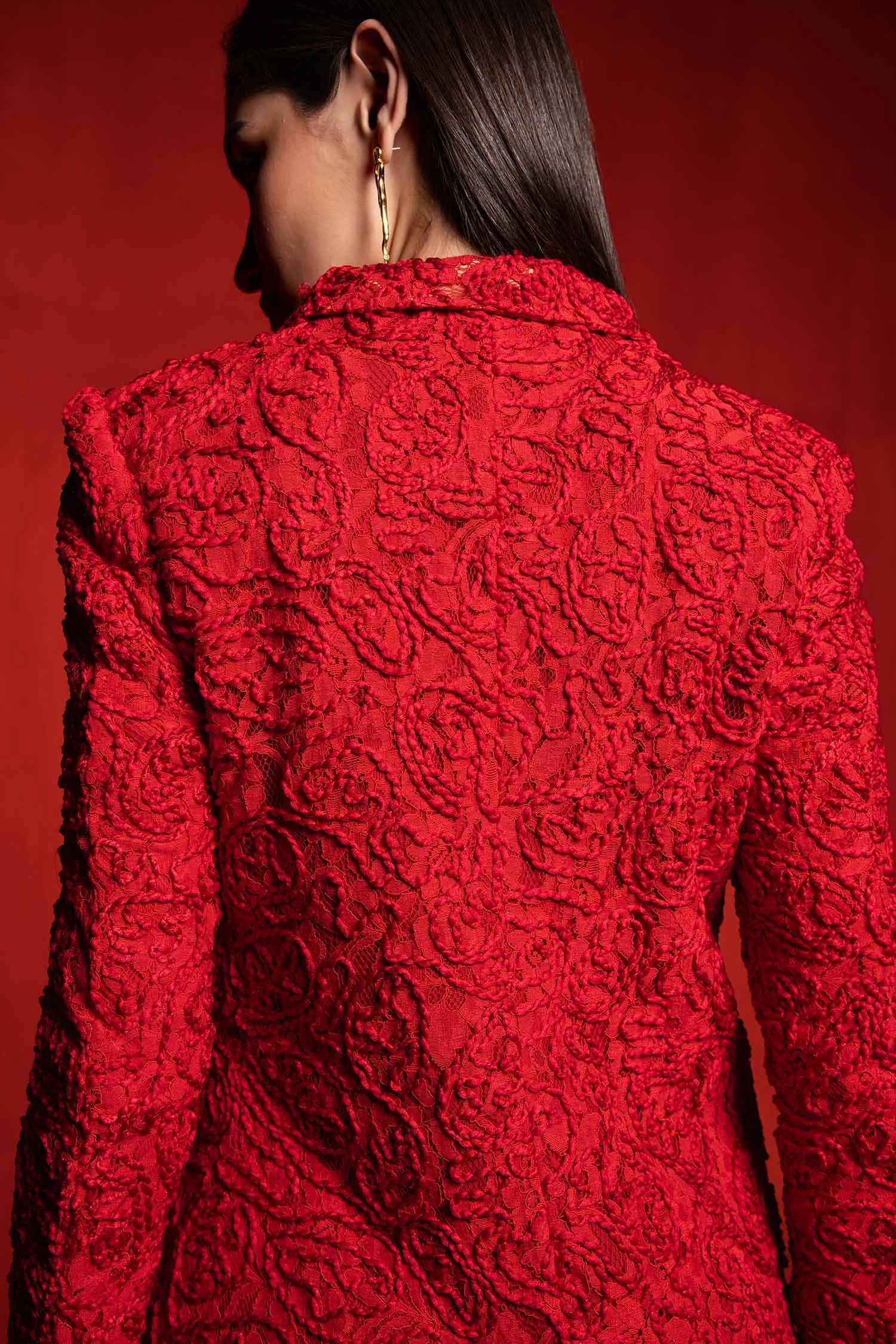 Red Textured Overlap Blazer with Skirt