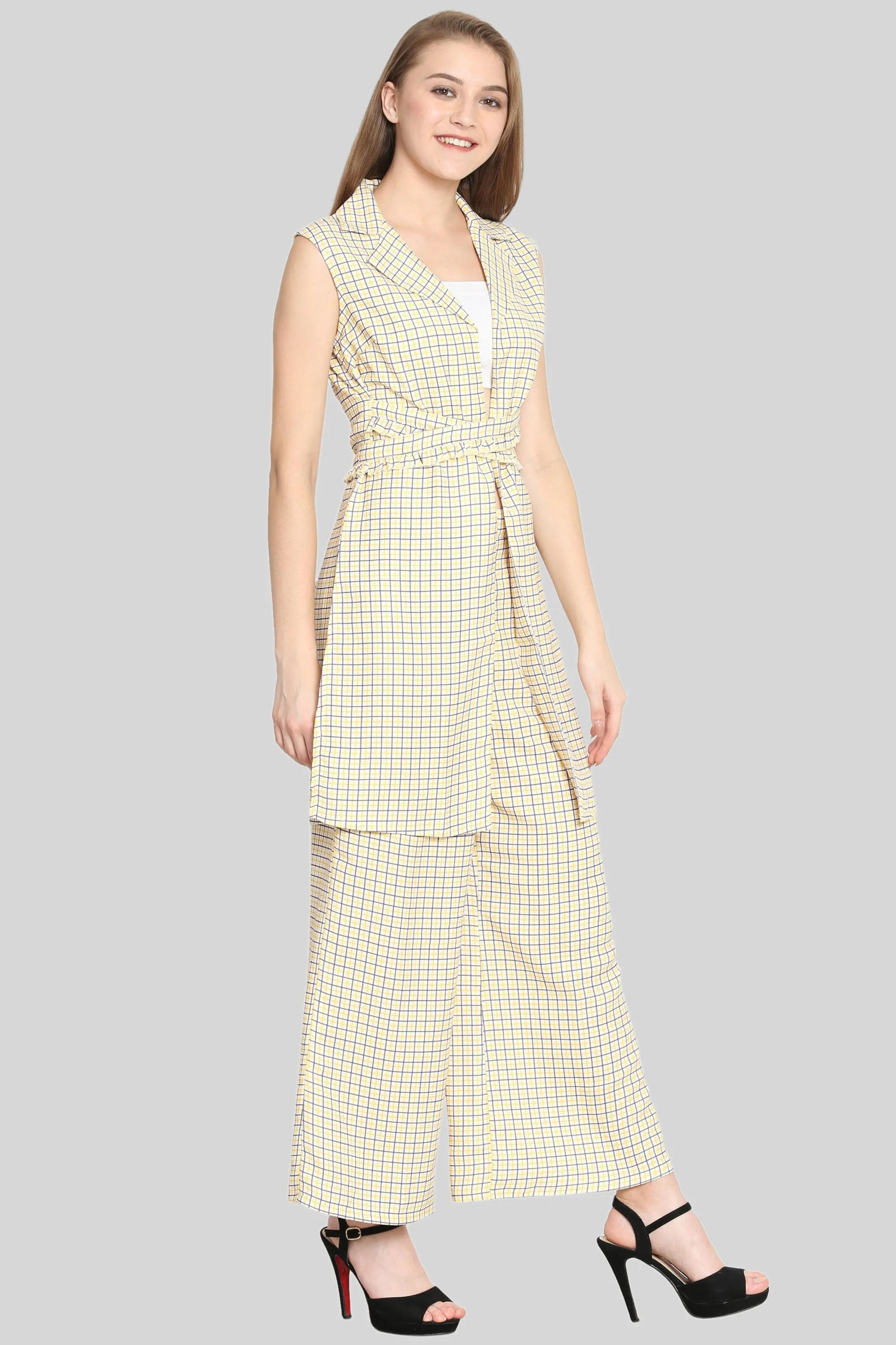 Ruffled belt Checked Trench coat