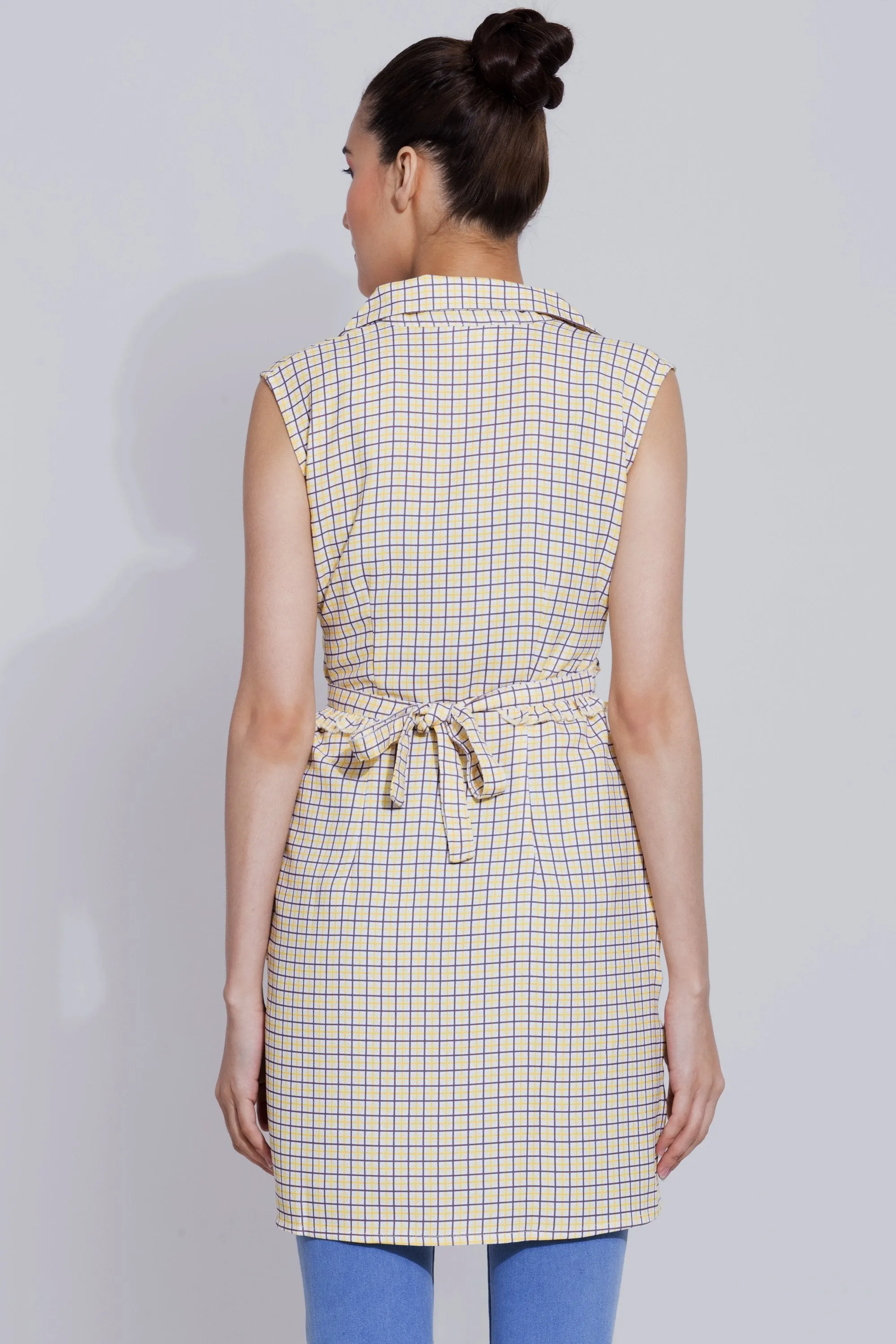 Ruffled belt Checked Trench coat