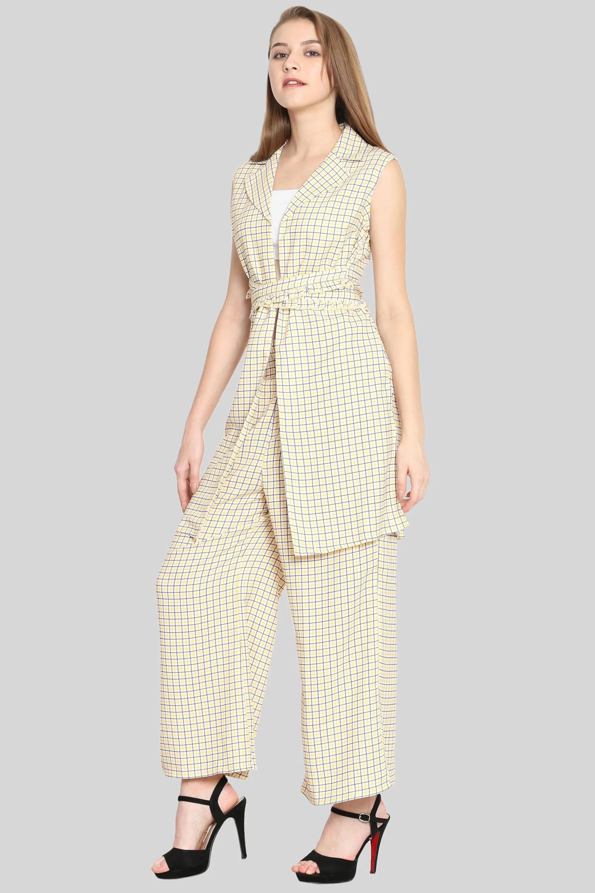 Ruffled belt Checked Trench coat
